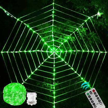 144 LED Round Halloween Spider Web Lights Decoration, 3.6 m Giant Net Light Fairy Lights with Remote Control Light Net Decoration Outdoor Indoor, Green