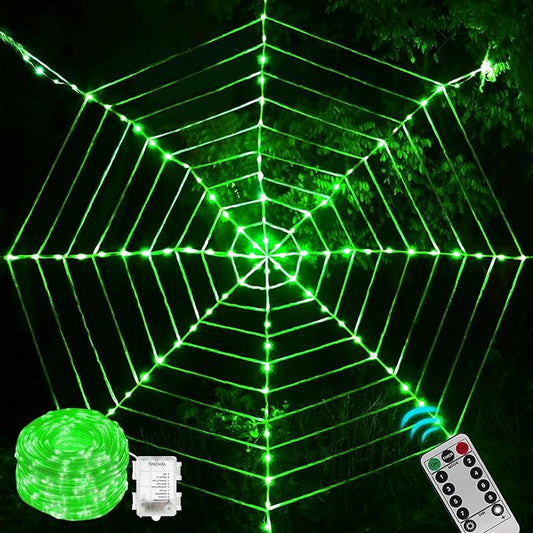 144 LED Round Halloween Spider Web Lights Decoration, 3.6 m Giant Net Light Fairy Lights with Remote Control Light Net Decoration Outdoor Indoor, Green