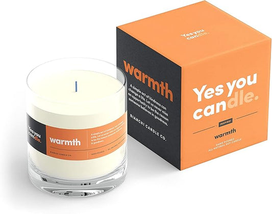 Warmth, Inspirational 8oz Highly-Scented Soy Candle, Made in USA, Great Message, Pure Essential Oils, Aromatherapy, 100% Pure, Buttered Rum & Tangerine