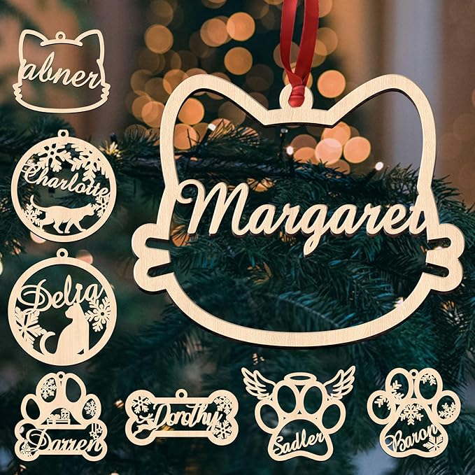 Personalized Dog Cat Ornaments for Christmas Tree Custom Wooden Name Ornaments Customize Pet Ornament Customized Customizable Christmas Decorations