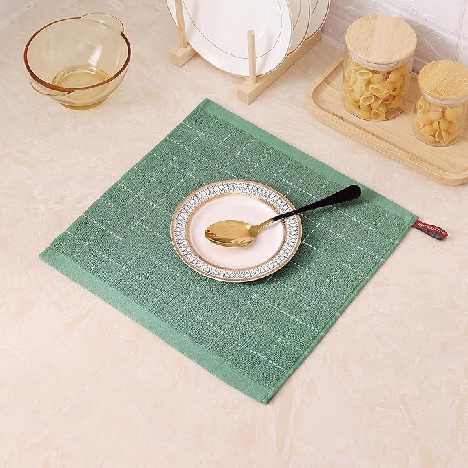 Mordimy 100% Cotton Terry Cloth Dish Cloths, Soft and Absorbent Checkered Dish Towels, Quick Drying Dish Rags for Washing Dishes, 12 Pack, 12 x 12 Inches, Grass Green