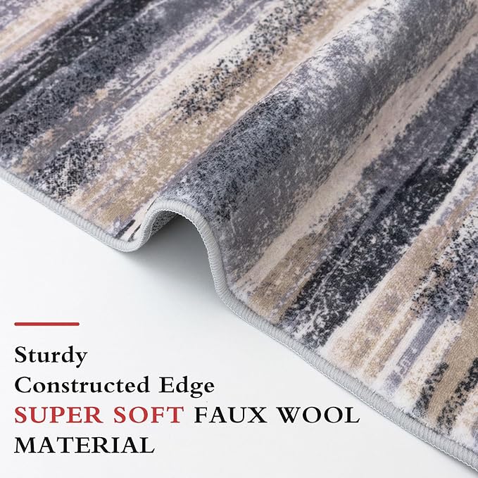 Modern Abstract Runner Rug 14' x 2'7'' (Runner), Grey, 0.32 Inch Thick, Non-Slip, Machine Washable, Faux Wool