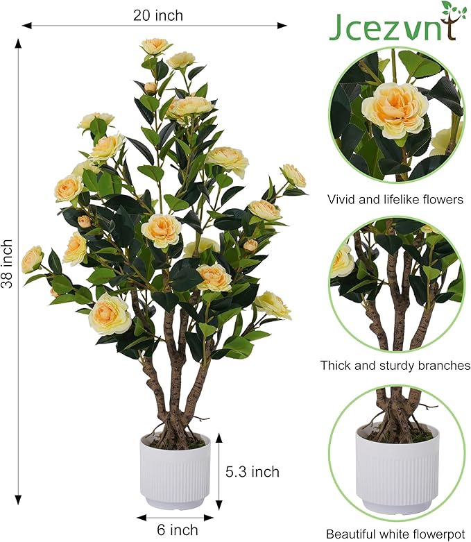 2 Pack Artificial Camellia Tree with White Pot, 38" Faux Potted Plants for Indoor Outdoor Decor, Tall Silk Greenery Plant for Home Office Living Room Balcony, Yellow
