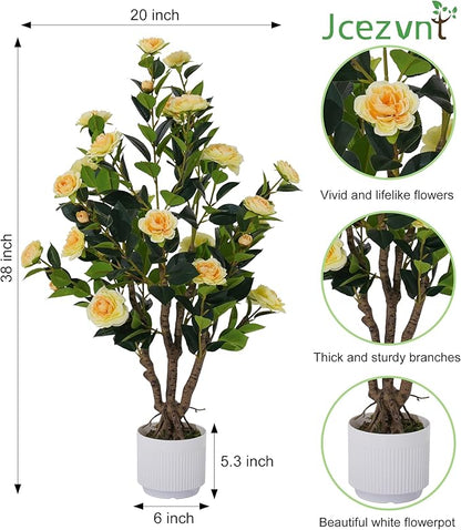 2 Pack Artificial Camellia Tree with White Pot, 38" Faux Potted Plants for Indoor Outdoor Decor, Tall Silk Greenery Plant for Home Office Living Room Balcony, Yellow