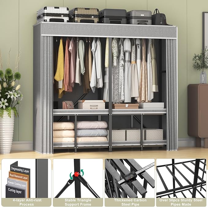 95% Assembeld Strong Garment Rack, Premium Metal 75" L Extra Large Heavy Duty Clothes Rack with Cover, Portable Foldable Freestanding Strong Clothes Racks for Hanging Clothes, Black