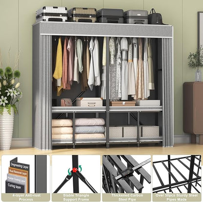95% Assembeld Strong Garment Rack, Premium Metal 75" L Extra Large Heavy Duty Clothes Rack with Cover, Portable Foldable Freestanding Strong Clothes Racks for Hanging Clothes, Black