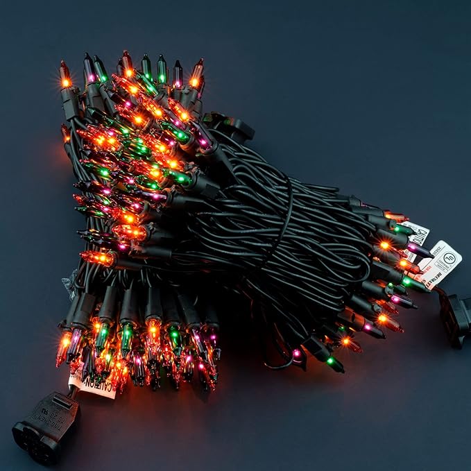 200 Count Orange Green & Purple Christmas Lights, Pack of 2 Strands 100 Count 33 ft Black Wire UL Listed Halloween String Light (Orange Green & Purple)