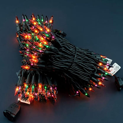 200 Count Orange Green & Purple Christmas Lights, Pack of 2 Strands 100 Count 33 ft Black Wire UL Listed Halloween String Light (Orange Green & Purple)