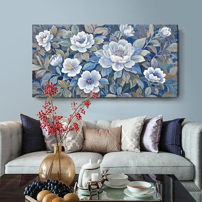 ARTZON Oversized Wall Art Flower Pictures Wall Decor – Blue and White Peony Blossom Extra Large Canvas Prints Vibrant Botanical Nature Artwork for Living Room Women Bedroom Dining Room 58x29 Inch