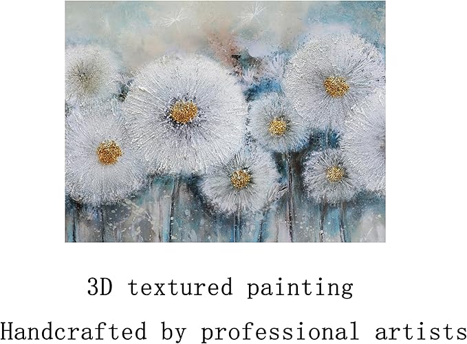 Acocifi Floral Canvas Wall Art for Living Room Dandelion Picture Large Flower Bedroom Painting 60% Handmade Textured, Grey Vintage Artwork Framed for Dining Room Office Home Decor 40"x20"