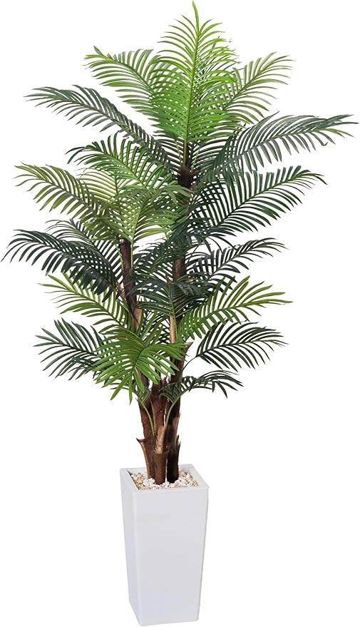 Artificial Palm Tree 7FT, Fake Tree with Realistic Fiber Trunks and White Tall Planter, Faux Tropical Areca Floor Plant in Pot, Artificial Silk Plant for Home Decor Office Decor Indoor