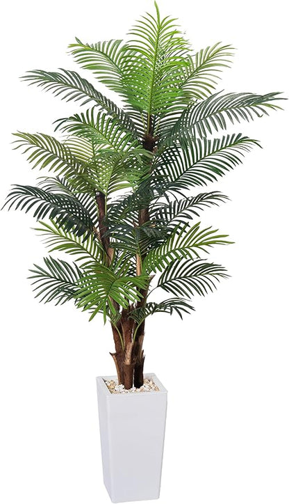 Artificial Palm Tree 7FT, Fake Tree with Realistic Fiber Trunks and White Tall Planter, Faux Tropical Areca Floor Plant in Pot, Artificial Silk Plant for Home Decor Office Decor Indoor