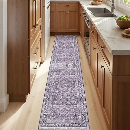 OPPODREAM Thin Vintage Purple 2x10 Runner Rug, 2 x 10 Retro Washable Rug Non Slip, Low-Pile Faux Wool Carpet, Distressed Floor Mat for Kitchen, Hallway, Entry-Way, Entrance, Indoor Back Door