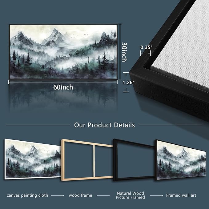 Wapluam Foggy Forest Inspiration Wall Picture Canvas Wall Art For Living Room Modern Wall Decor Bedroom Trees Landscape Wall Painting Office Large Wall Decor Art Prints Home Decoration Black Framed