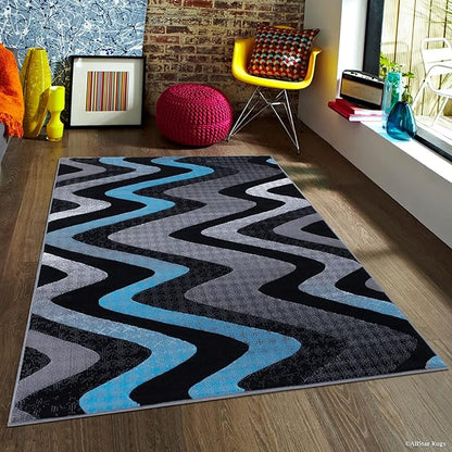 Allstar 5x7 Grey and Gainsboror Grey Modern and Contemporary Rectangular Accent Rug with Turquoise and Charcoal Grey Wavy Zigzag Design (4' 11" x 6' 11")