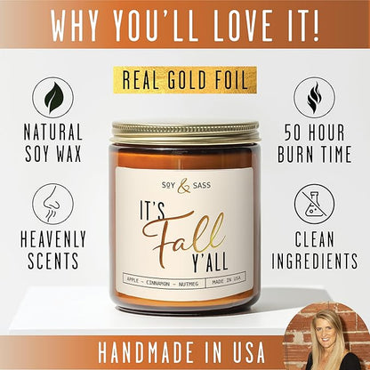 Fall Candles - 'It's Fall Yall' Candle w/Apple Cinnamon & Nutmeg I Infused with Essential Oils I Autumn Scented Candles I Cozy Cute Décor Gifts I 9oz Jar I 50Hr Burn I Made in USA