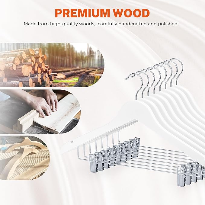 HOUSE DAY Wooden Hangers with Clips 24 Pack, Wood Clothes Hangers Smooth Finish Wooden Hanger Premium Wood Hanger for Clothes Suit, White