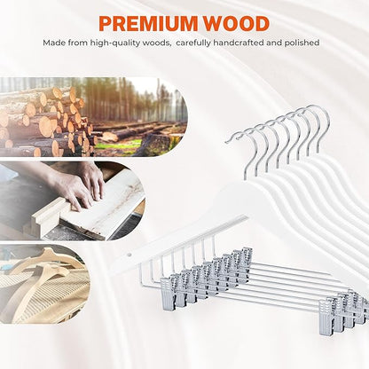 HOUSE DAY Wooden Hangers with Clips 24 Pack, Wood Clothes Hangers Smooth Finish Wooden Hanger Premium Wood Hanger for Clothes Suit, White