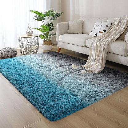 DweIke Luxury Fluffy Kids Rugs for Living Room Bedroom, 5x8 Large Shaggy Black and Blue Area Rug for Girls Boys, Upgrade Plush Non-Slip and Washable Colorful Fuzzy Carpet for Dorm Nursery Decor