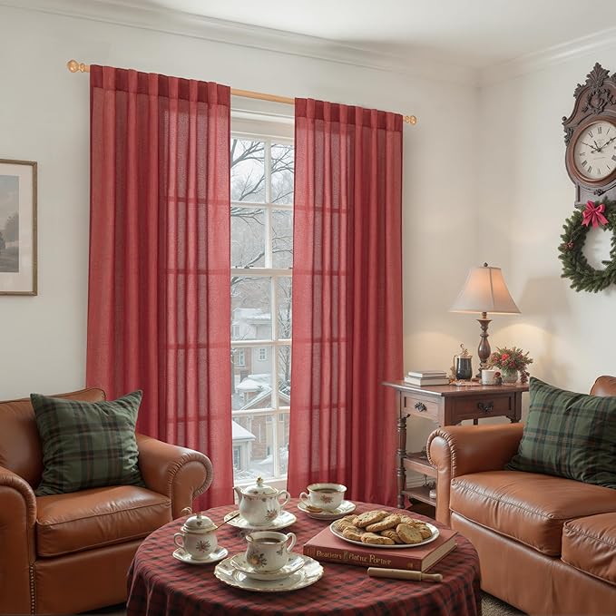YoungsTex Burgundy Red Linen Curtains 84 Inch Length for Living Room Christmas Deocr, Light Filtering Semi Sheer Drapes with Rod Pocket Back Tab for Bedroom Dining, 2 Panels, 52 X 84 Inch