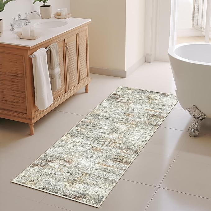 Kitchen Runner Rug Non Slip - 2.5 x 8 Runners for Hallways, Entryway, Bedroom, Washable Runner Rugs for Bathroom, Laundry Room, Low Pile Soft Vintage Area Rug(2.5'x8', Grey/Rust)