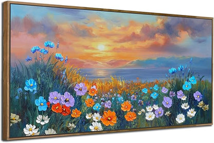 Ardemy Wildflower Wall Art for Living Room Large Framed Floral Canvas Pictures Bedroom Wall Decor Sunset Paintings Flower Textured Artwork for Walls Dining Room Home Office 58"x29"