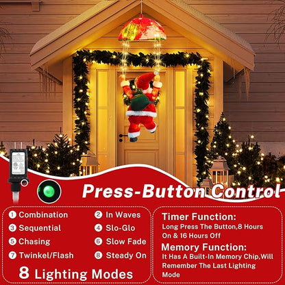 Christmas Lights Outdoor Indoor, Santa Claus Parachute LED Lights, 8 Modes & Timer Christmas Decorations Lights Outside Inside for Window, Garden, Home, Porch, Xmas Tree Decor (Warm White) ﻿