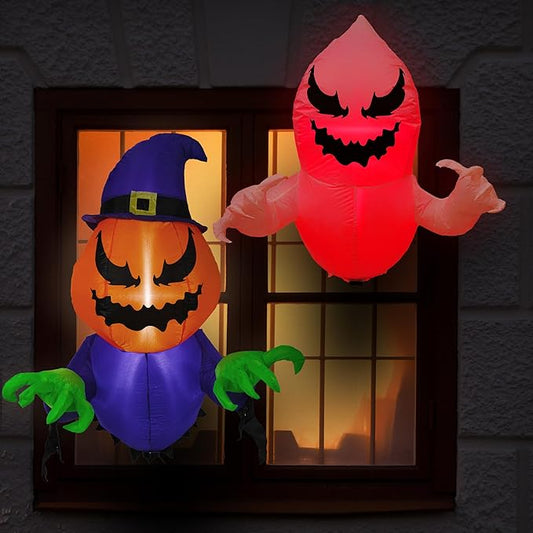 Sunnydaze Pumpkin Jack and Haunted Harold Inflatable Halloween Decoration for Window with Lights - Indoor or Outdoor Use