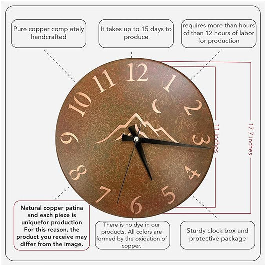 Handmade Pure Copper Wall Clock for Home Decoration, Decor Clock for Living Room, Bedroom and Kitchen, Rustic Decorative Mural Clock Art for Farmhouse (Rusty Landscape, 11)