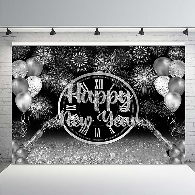 MEHOFOND 8x6ft Happy New Year Backdrop Silver 2026 New Year Eve Party Decorations Banner Supplies Shining Champagne Balloons Firework Photography Background New Years Eve Photo Studio Props