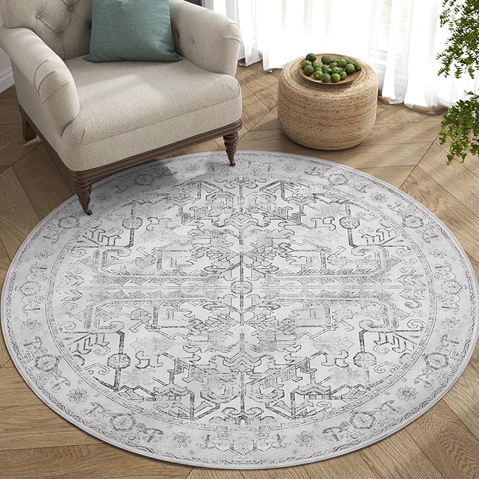 jinchan Round Rug 5ft Vintage Machine Washable Area Rug Kitchen Indoor Circle 5' Ultra-Thin Non-Slip Floral Print Carpet for Farmhouse Entryway Dining Room Living Room Bedroom Office (5'Round,Grey)