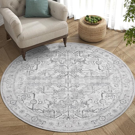jinchan Round Rug 5ft Vintage Machine Washable Area Rug Kitchen Indoor Circle 5' Ultra-Thin Non-Slip Floral Print Carpet for Farmhouse Entryway Dining Room Living Room Bedroom Office (5'Round,Grey)