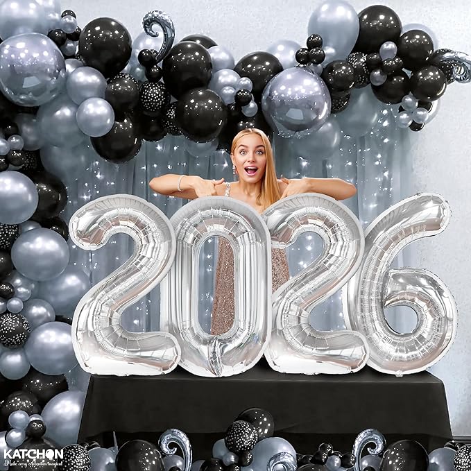 Katchon, Giant Silver 2026 Balloons - 42 Inch | New Year Balloons | 2026 Balloon Numbers | Silver Balloon for New Years Decorations 2026 | NYE Decorations | New Years Eve Party Supplies 2026