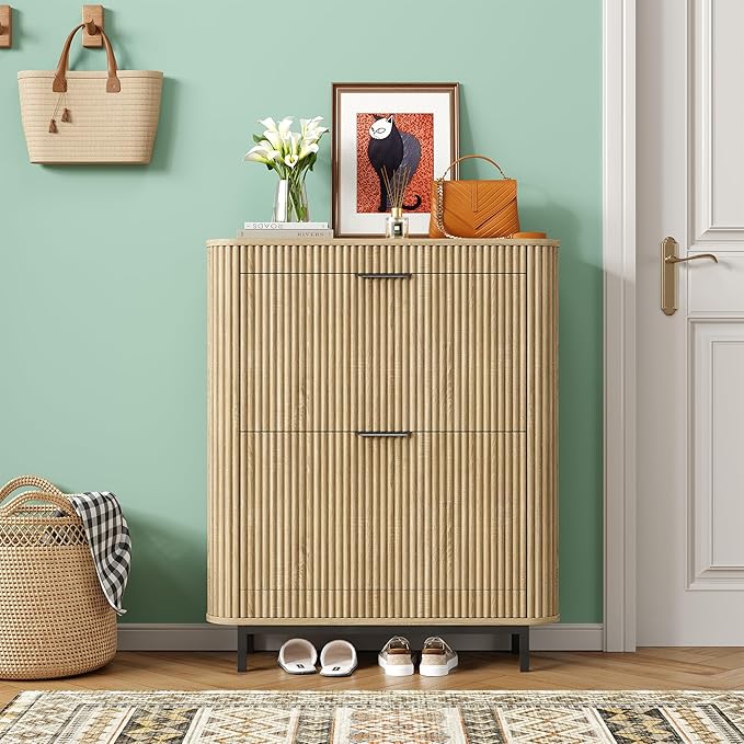 Shoe Cabinet with 2 Flip Drawers, Arc Narrow Wood Shoe Storage Cabinet with Fluted Panel and Metal Legs, Freestanding Wood Hidden Shoe Rack Cabinet for Foyer, Hallway, Nature