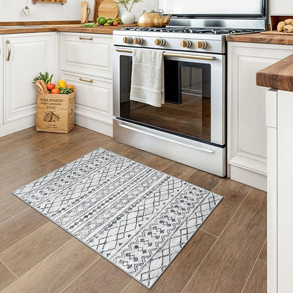 KUTA Washable Non-Slip Rugs for Entryway 2x3, Grey Moroccan Boho Small Area Rug, Ultra Soft Vintage Geometric Low-Pile Indoor Door Mat Floor Carpet for Indoor, Entrance, Kitchen, Bathroom, Bedroom