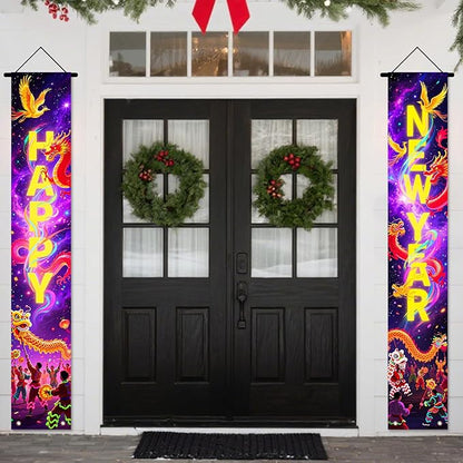 Nuxovilar Happy New Year Banner, 70.86" x 11.81" Purple Gold Fireworks Hanging Decorations for Outdoor Indoor Home Wall