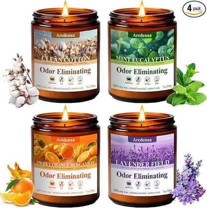 4 Pack Odor Eliminating Candles Set - Eliminates 95% of Pet, Smoke, Food & Other Smells - Hand Poured Non-Toxic Soy Candle, Air Freshing Scent of Lavender/Orange/Mint/Cotton - Gifts Set for Women