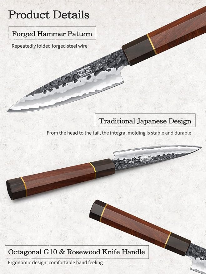 Paring Knife 3.75 Inch Peeling knife, Razor Sharp Japanese High Carbon Steel Small Kitchen Knife, Hand Forged Fruit Knives for Peeling & Coring with Ergonomic Handle
