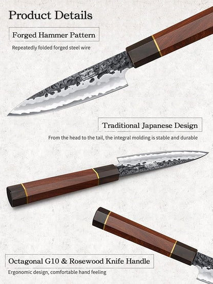 Paring Knife 3.75 Inch Peeling knife, Razor Sharp Japanese High Carbon Steel Small Kitchen Knife, Hand Forged Fruit Knives for Peeling & Coring with Ergonomic Handle