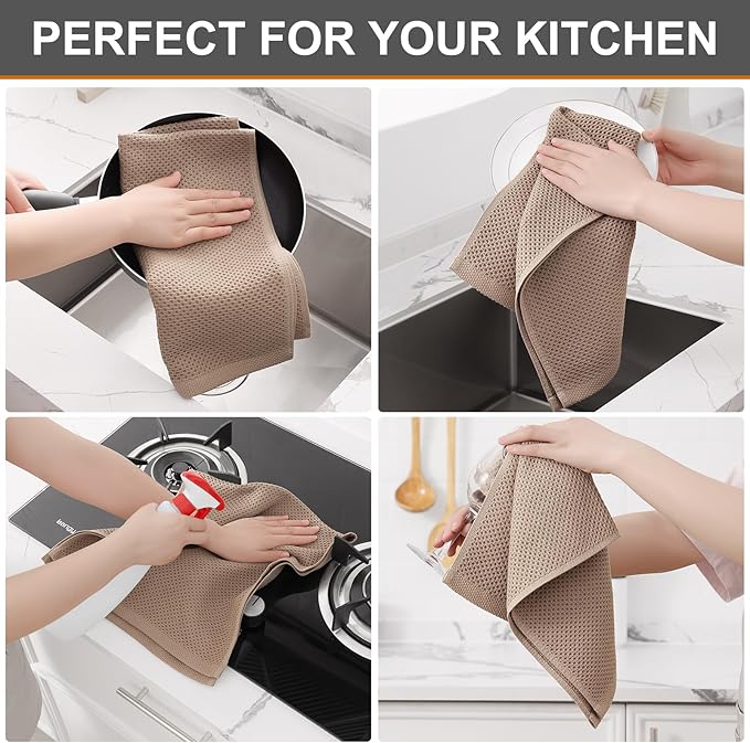 Kitinjoy 100% Cotton Waffle Weave Kitchen Towels, 8-Pack Super Soft and Absorbent Dish Towels for Drying Dishes, Kitchen Hand Towels, 13 in x 28 in, Tan