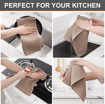 Kitinjoy 100% Cotton Waffle Weave Kitchen Towels, 8-Pack Super Soft and Absorbent Dish Towels for Drying Dishes, Kitchen Hand Towels, 13 in x 28 in, Tan