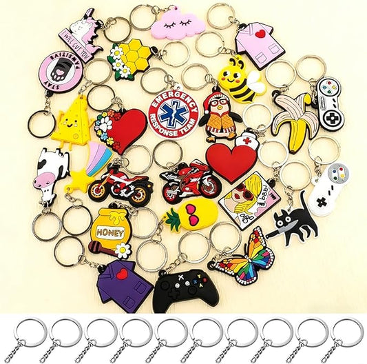 100 Pcs Bulk Keychains - Assorted PVC Keychain Lot with 10 Keyrings, Party Favors & Gifts