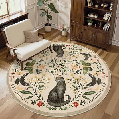 GarveeHome Round Area Rugs 5ft for Bedroom, Cat Beige Washable Circle Rug Soft Non Slip Mushroom Floral Floor Mat Carpet Indoor Thin Rug for Bedroom Dining Room Playroom Nursery Gothic Decor