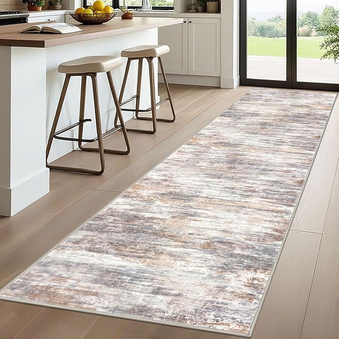 KOZYFLY 3x10 Ft Rug Modern Ombre Runner Rug for Hallway, Washable Kitchen Rugs Non-Slip Soft Striped Entryway Rug, Print Multi Grey Abstract Carpet for Laundry Nursery