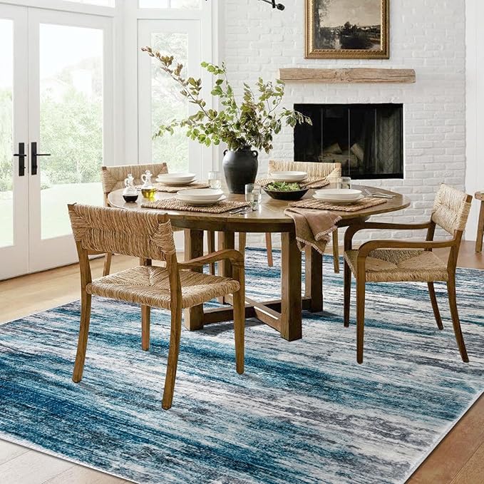 KOZYFLY Area Rug 6x9 Modern Ombre Rugs for Living Room, Washable Large Thin Rugs Non-Slip Soft Striped Rug for Bedroom, Print Blue Abstract Carpet for Laundry/Kid Room