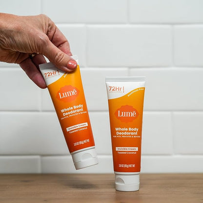 Lume Whole Body Deodorant - Invisible Cream Tube - 72 Hour Odor Control - Aluminum Free, Baking Soda Free, Skin Safe - 3.0 ounce (Pack of 2) (Toasted Coconut)