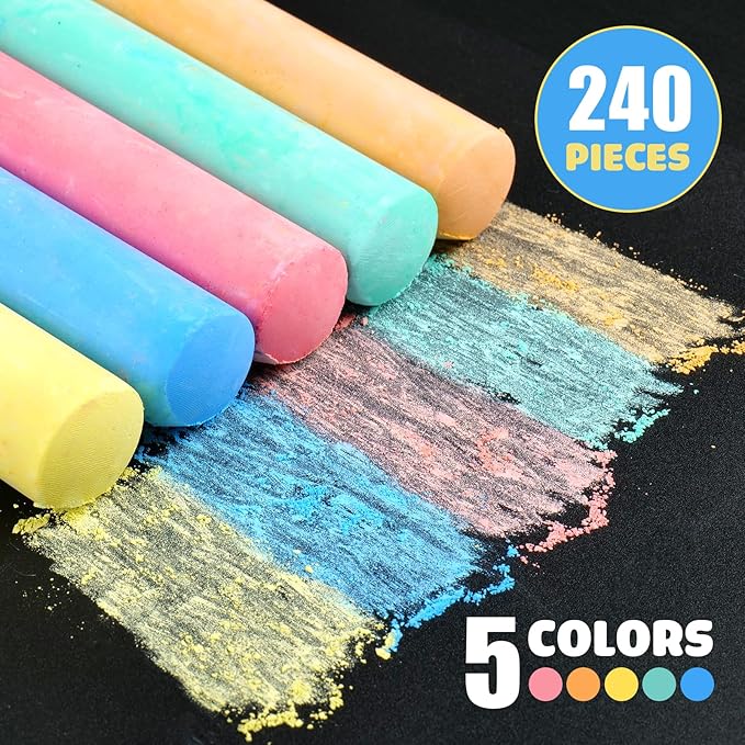 240PCS Washable Sidewalk Chalks Kids: 48 Packs in 5 Colors Sidewalk Chalk, Jumbo Chalk Set, Non-Toxic Dustless Colored Giant Box Chalkboard Chalk for Toddlers Outdoor Art, Classroom, Party Favors