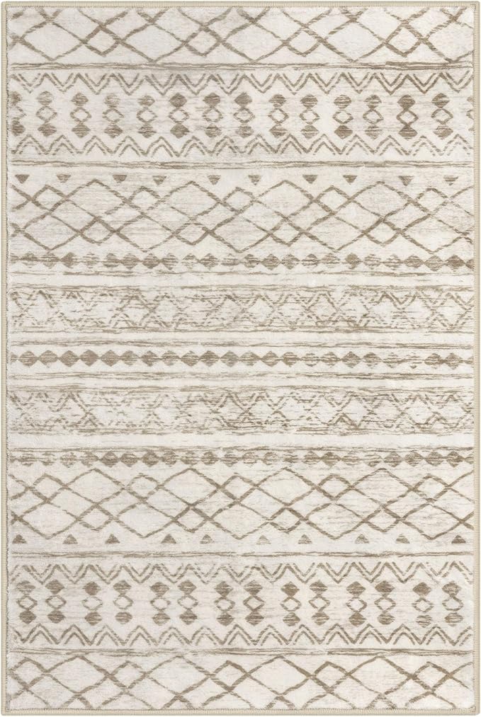 KUTA Boho 3x5 Rug for Entryway, Moroccan Washable Area Rug for Living Room, Non Slip Beige Navy Blue Ultra Soft Print Distressed Geometric Low-Pile Entry Throw Carpet for Bedroom Nursery Dorm Decor