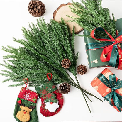 Christmas Decor Norfolk Pine Stems, 12 Pcs Artificial Pine Branches, Realistic Faux Greenery Stems, 19-Inch Pine Picks for Christmas Decorations, DIY Crafts, Wedding & Home Accents (No vase)