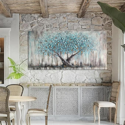 Arjun Tree Wall Art Canvas for Living Room Blue Tree of Life Nature Teal Abstract Textured Painting Picture Modern Panoramic Landscape Artwork Framed Bedroom Home Office Decor, Large Size 48"x24"